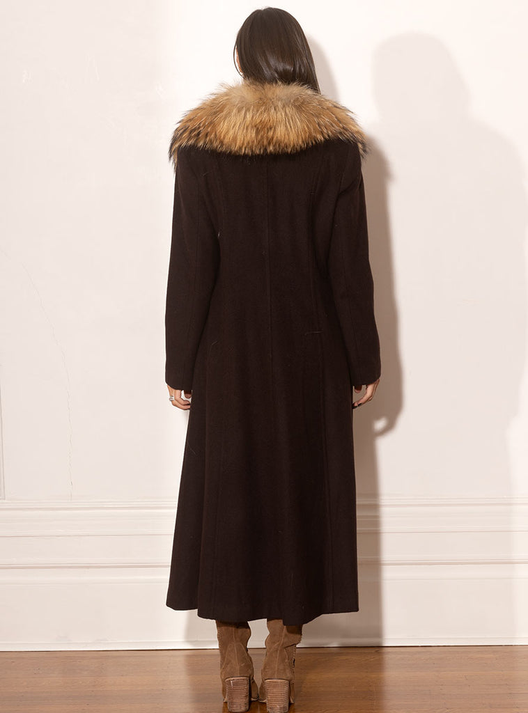 Brown Cashmere Coat with Natural Raccoon Fur Collar