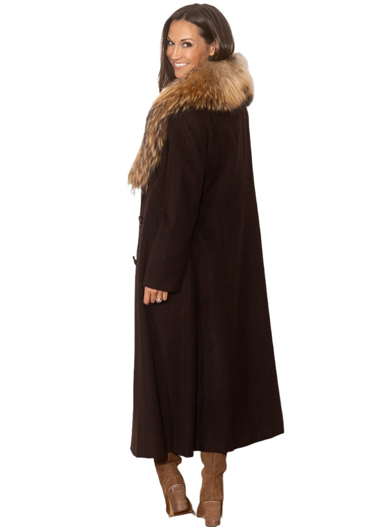 Brown Cashmere Coat with Natural Raccoon Fur Collar