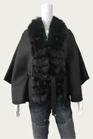 Black Cashmere Blend Cape with Fox Fur Trim