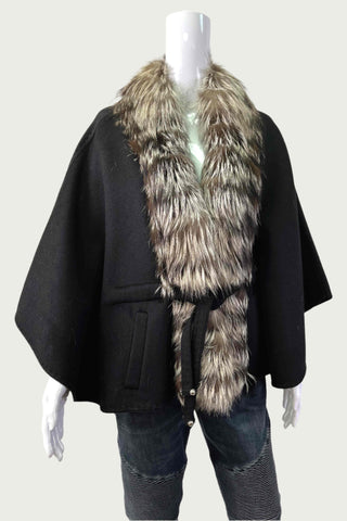 Black Cashmere Blend Cape with Silver Fox Fur Trim