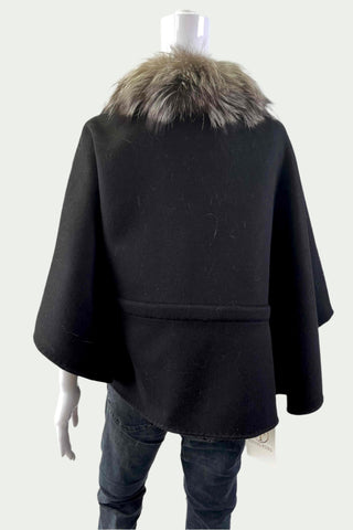 Black Cashmere Blend Cape with Silver Fox Fur Trim