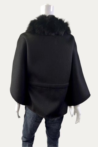Black Cashmere Blend Cape with Fox Fur Trim