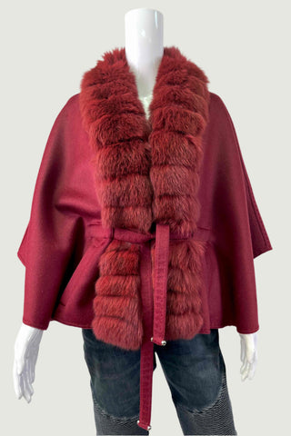 Burgundy Cashmere Blend Cape with Fox Fur Trim