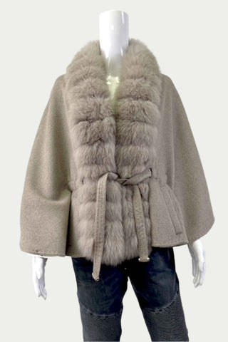 Taupe Cashmere Blend Cape with Fox Fur Trim
