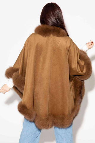 camel cashmere blend cape with fox fur trim