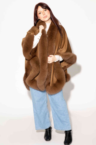 camel cashmere blend cape with fox fur trim
