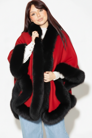 red with black cashmere blend cape with fox fur trim