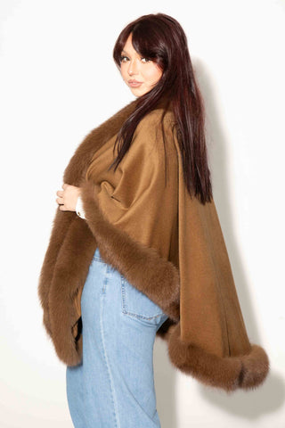 camel cashmere blend cape with fox fur trim