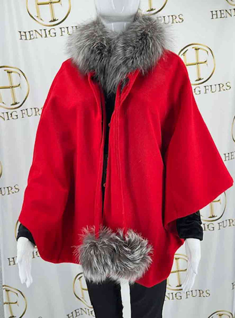 red wool cape with indigo fox collar & pom poms