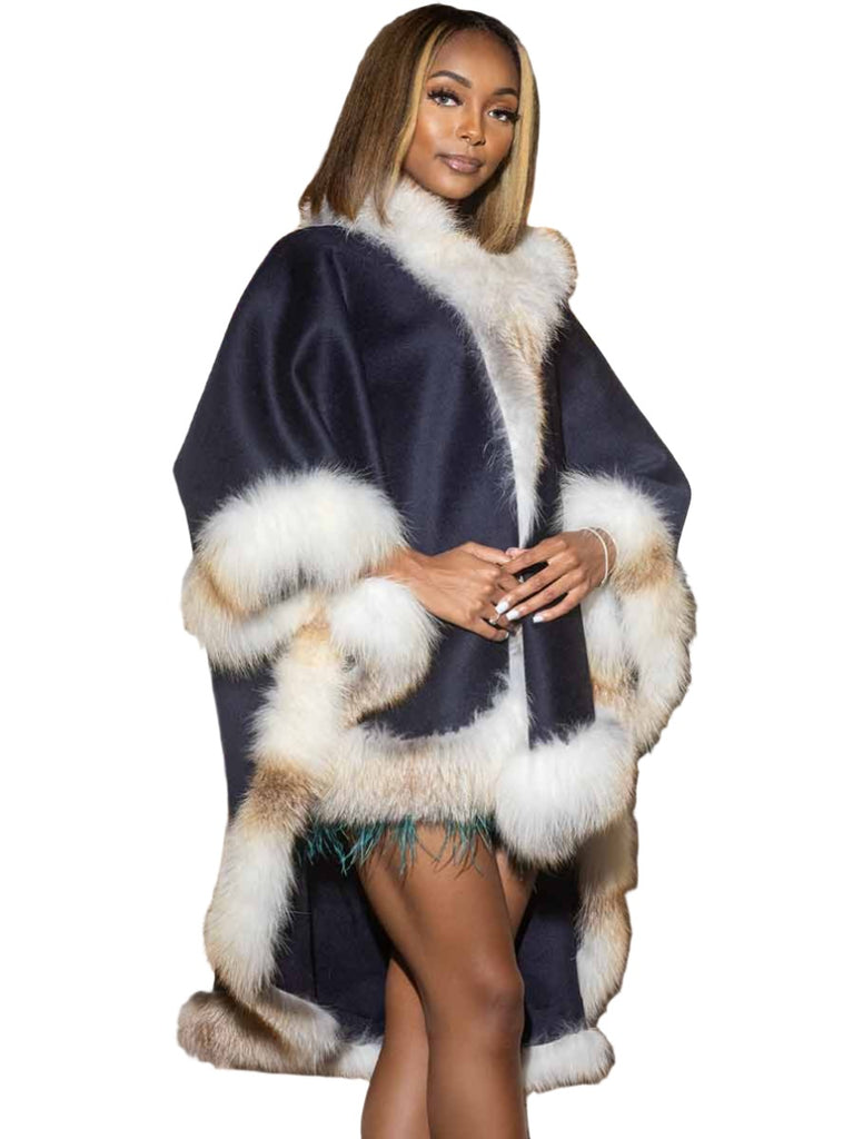 Navy Cashmere Blend Cape with Golden Island Fox Fur