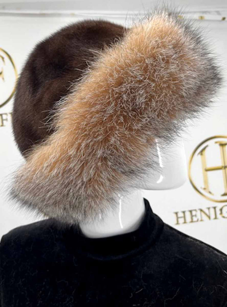 mahogany mink hat with crystal fox fur trim