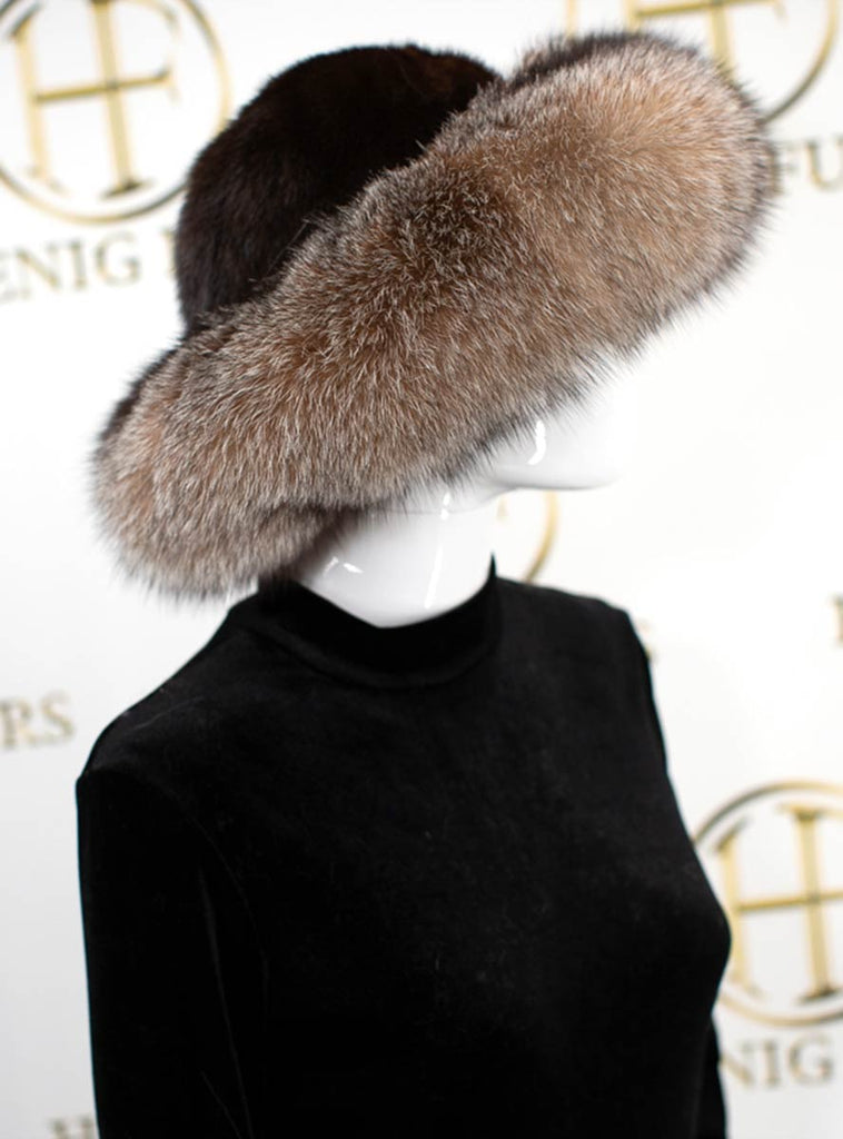 Mahogany Mink Fur Hat with Crystal Fox Fur Trim