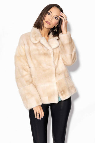 beige sectioned mink fur jacket with notch collar