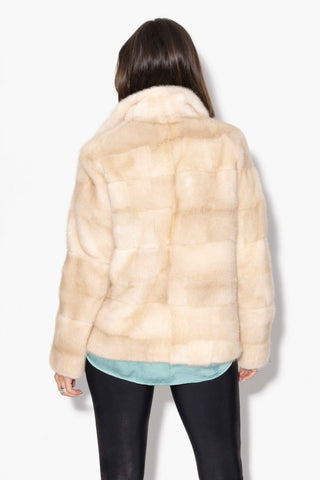 beige sectioned mink fur jacket with notch collar
