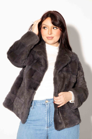 dark gray sectioned mink fur jacket with notch collar