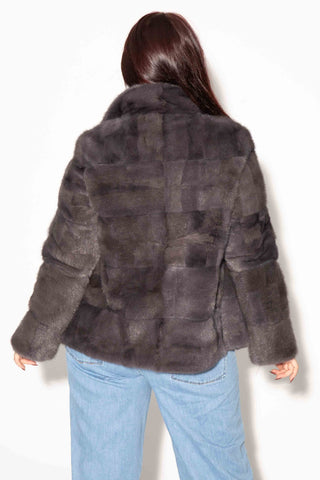 dark gray sectioned mink fur jacket with notch collar