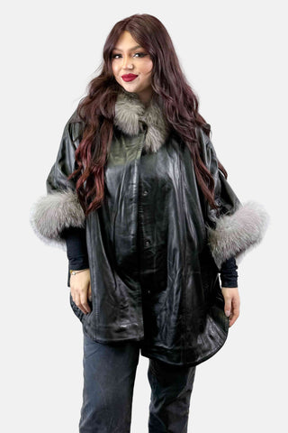 black leather capelet with silver fox fur trim