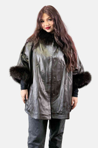 brown leather capelet with fox fur trim