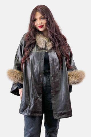 brown leather capelet with crystal fox fur trim