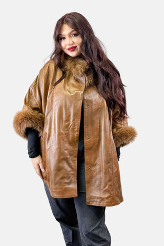 camel leather cape with fox fur trim