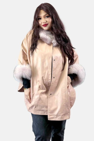 pink leather capelet with fox fur trim