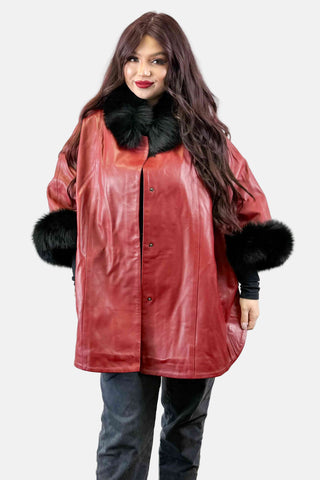 red leather capelet with black fox fur trim