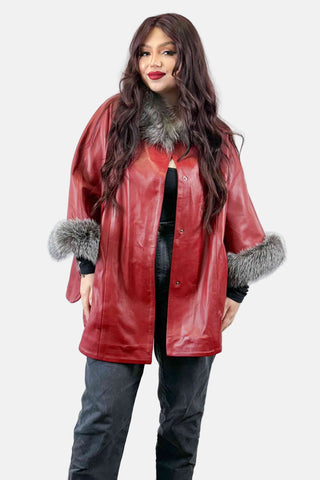 red leather capelet with silver fox fur trim
