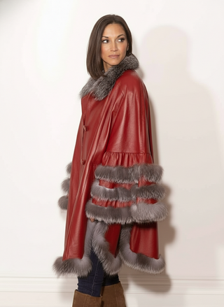 red leather cape with silver fox fur trim