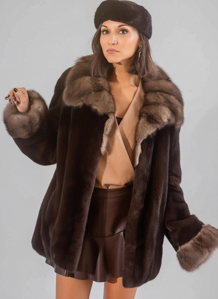 Women’s Mink Fur Jacket with Chinchilla Fur Collar and Cuffs