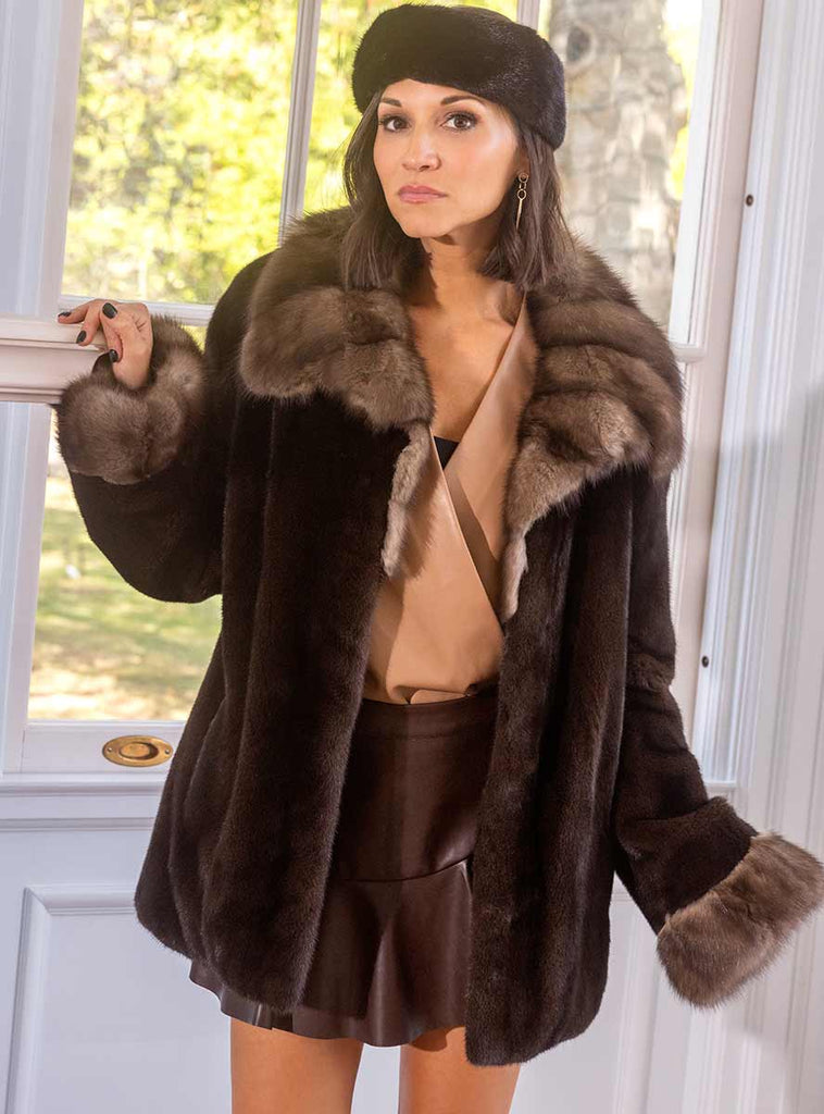 mahogany mink fur jacket with sable fur collar & cuffs