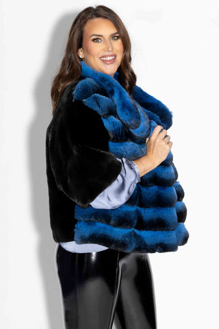 side profile of woman wearing a blue chinchilla fur jacket with mink sleeves