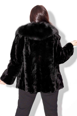 sheared sectioned mink fur jacket with fox fur tuxedo collar