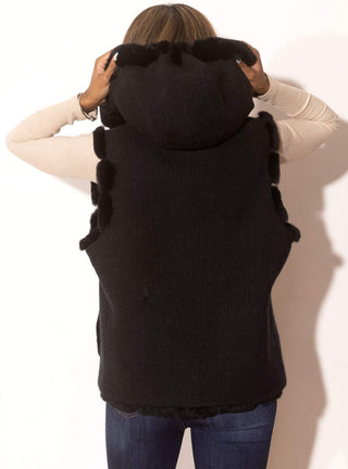 Reversible Chevron Rex Rabbit Fur Vest with Hood.