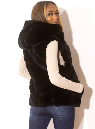 Reversible Chevron Rex Rabbit Fur Vest with Hood.
