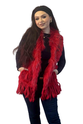 red knitted rabbit fur vest