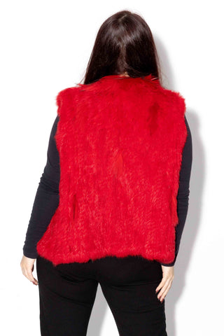 red knitted rabbit fur vest