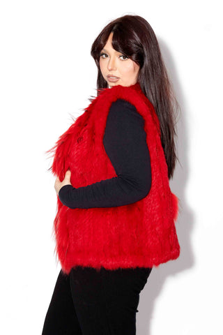 red knitted rabbit fur vest