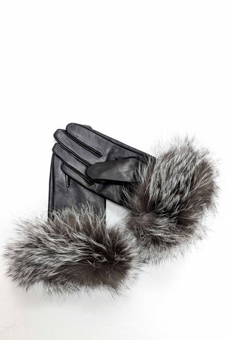 black leather gloves with silver fox fur trim