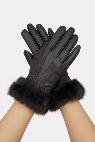 brown leather gloves with rabbit fur trim