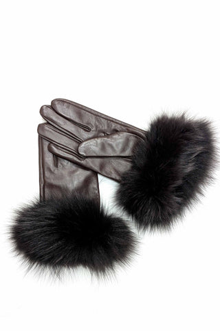 brown leather gloves with brown fox fur trim