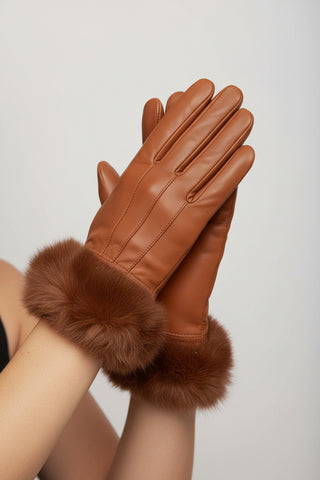 cognac leather gloves with rabbit