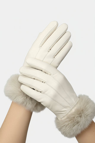 cream leather gloves with rabbit fur trim