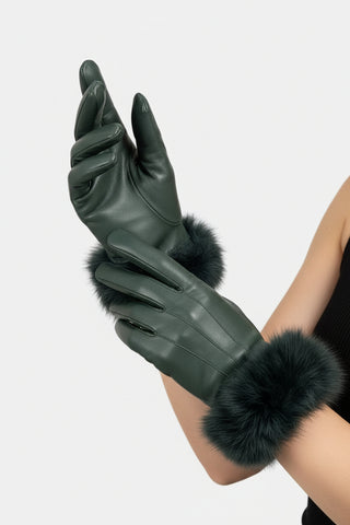 forest green leather gloves with rabbit fur trim