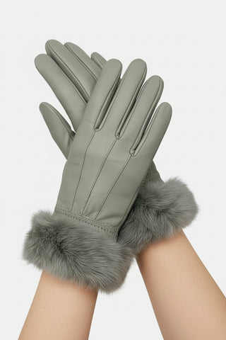 gray leather gloves with rabbit fur trim