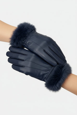 navy leather gloves with rabbit fur trim