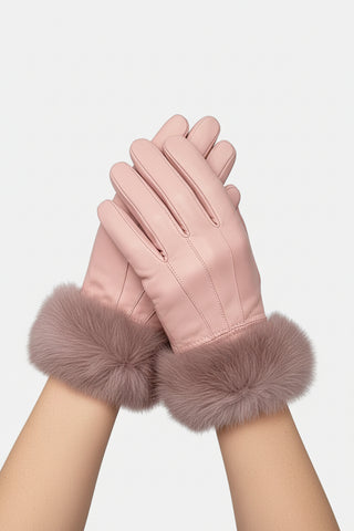 pink leather gloves with rabbit fur trim