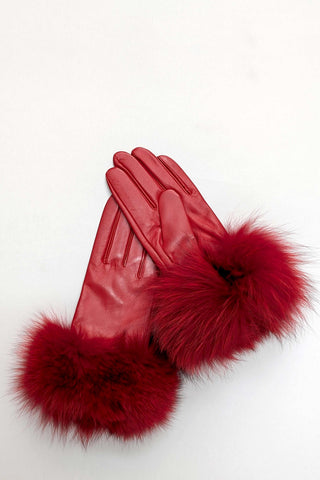 red leather gloves with red fox fur trim