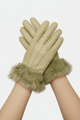 wheat leather gloves with rabbit fur trim