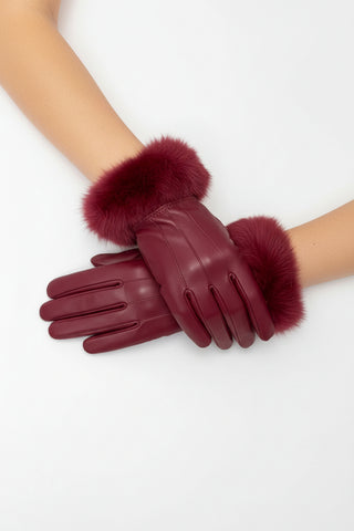 wine leather gloves with rabbit fur trim