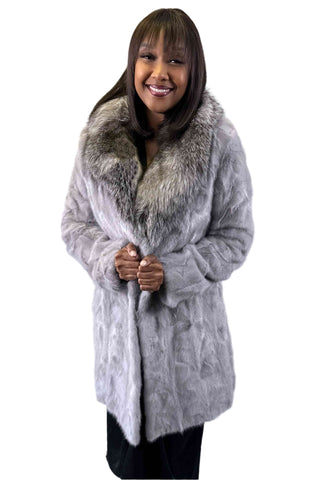 sapphire sectioned mink fur stroller with silver fox fur collar